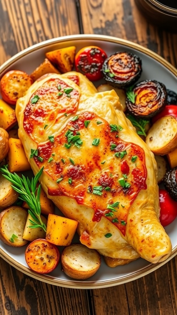 Juicy Air Fryer Chicken Breasts Recipe Juicy air fryer chicken breast garnished with herbs, served with roasted vegetables on a rustic table.